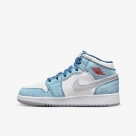 Boty Nike Air Jordan 1 Mid Tops Se Pro Děti Modrá Bílá Světle Šedá Červená