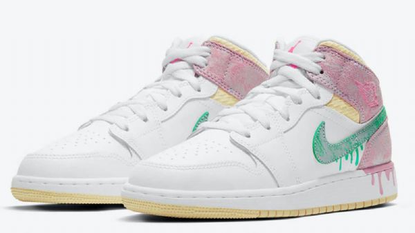 Dámské Boty Nike Air Jordan 1 Mid Tops Gs Paint Drip Pro Ženy Bílá Růžová