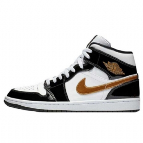 Nike Air Jordan 1 Mid Tops Patent Boty Pro Muže Černá Bílý Zlatý