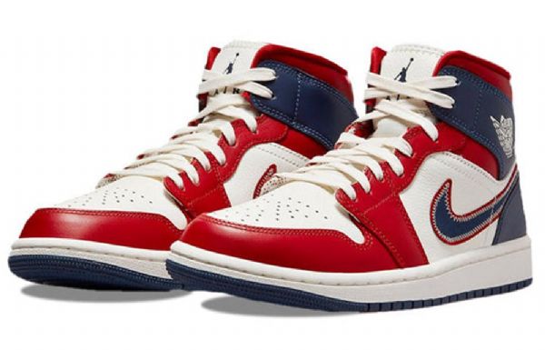Retro Basketbalové Boty Nike Air Jordan 1 Mid Tops Se Pro Ženy Červená Tmavě Modrá Bílá
